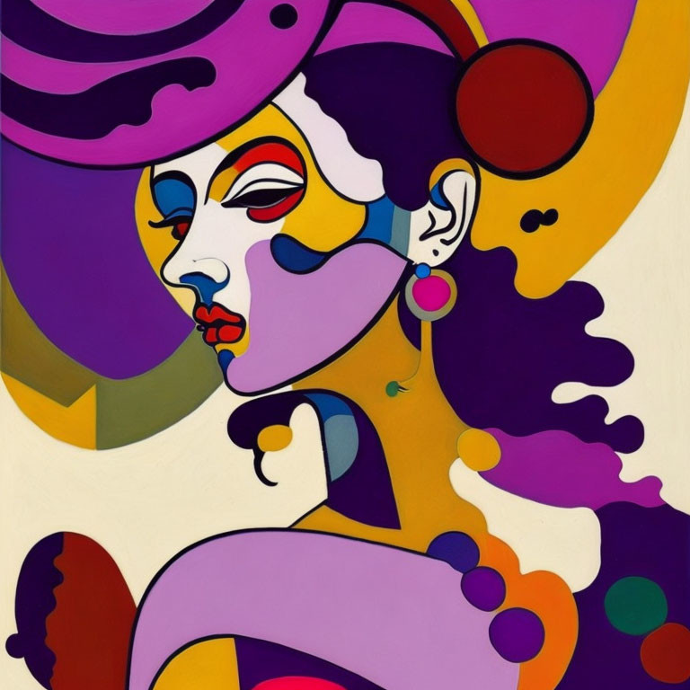 Colorful Abstract Portrait of Stylized Woman in Purple Hat