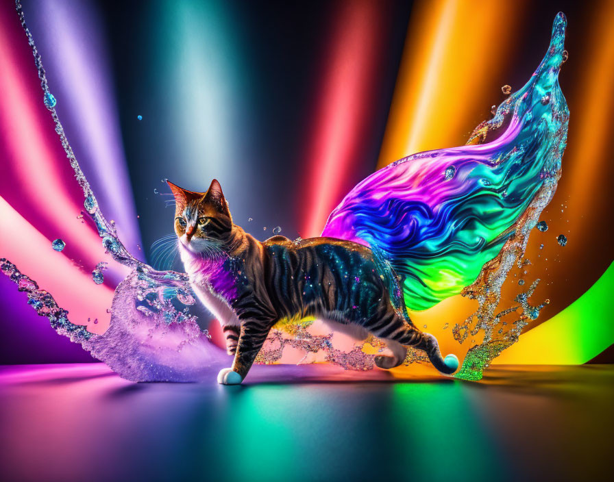 Digitally altered cat split in half merging with colorful liquid splash on vibrant background