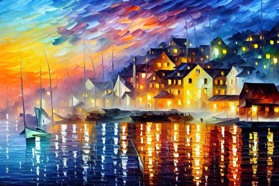 Colorful painting of coastal village at dusk with shimmering reflections