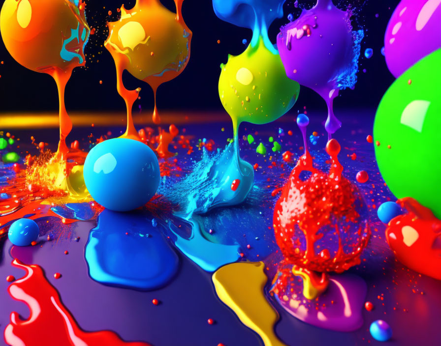 Colorful paint splashes and balloons on glossy surface