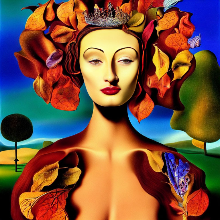 Surrealist portrait of woman with autumn leaves, tiara, and butterfly