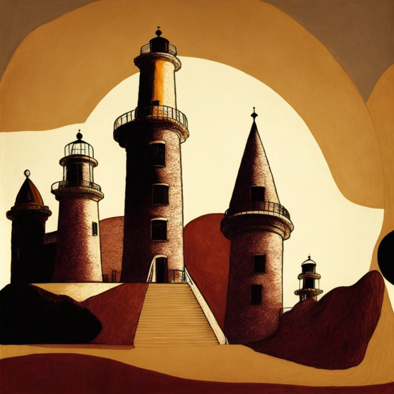 Surrealist artwork: Stylized lighthouses with winding stairs against warm backdrop