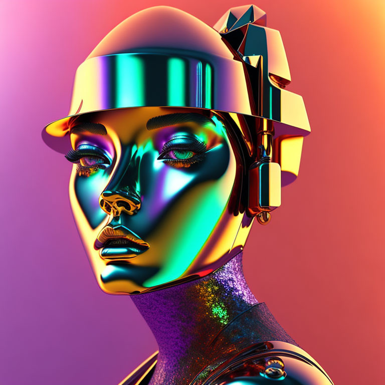 Futuristic golden robot head with visor on pink-orange gradient.