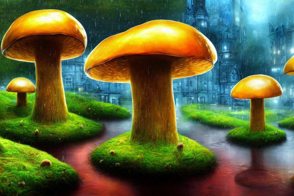 Glowing mushrooms in rain shower with moss-covered ground and illuminated castle