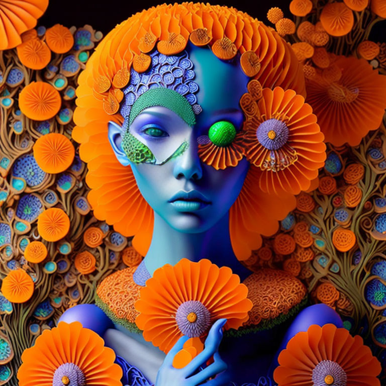 Blue-skinned female figure with orange floral patterns in digital artwork