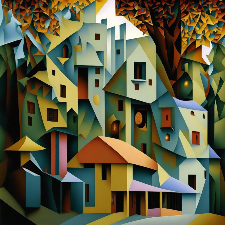 Colorful Cubist Style Painting of Autumn Trees and Buildings