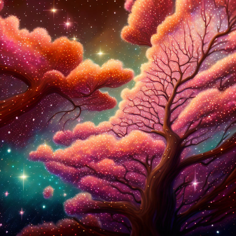 Colorful Tree Illustration with Starry Canopies on Cosmic Background