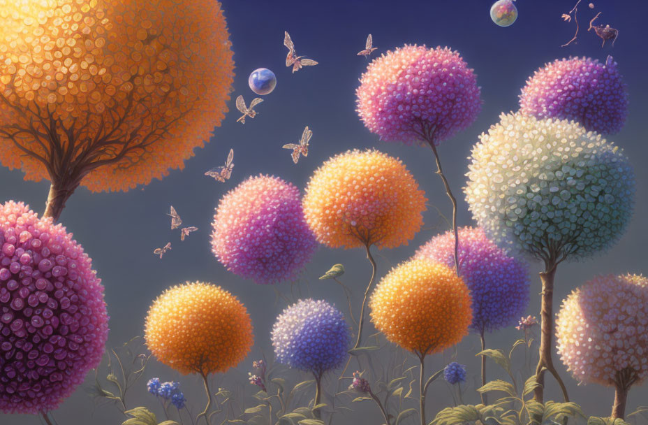 Vibrant spherical trees, floating orbs, butterflies, and tiny figures in surreal landscape