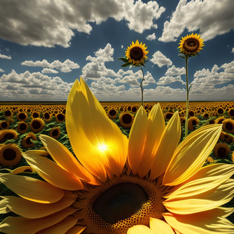 Sunflower Field with Dramatic Perspective and Large Bloom