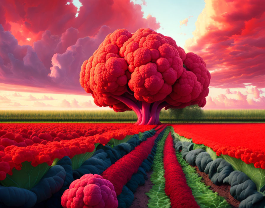 Surreal landscape with brain-shaped tree, red clouds, and lush, red vegetation