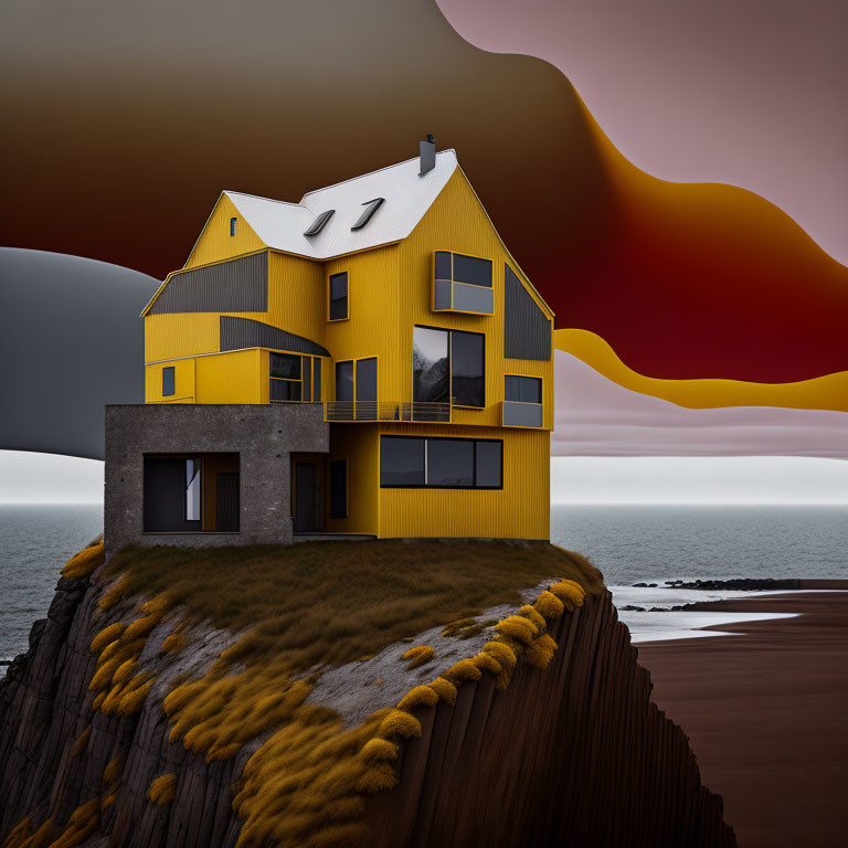 Yellow house on rocky cliff with abstract sky and dark sea