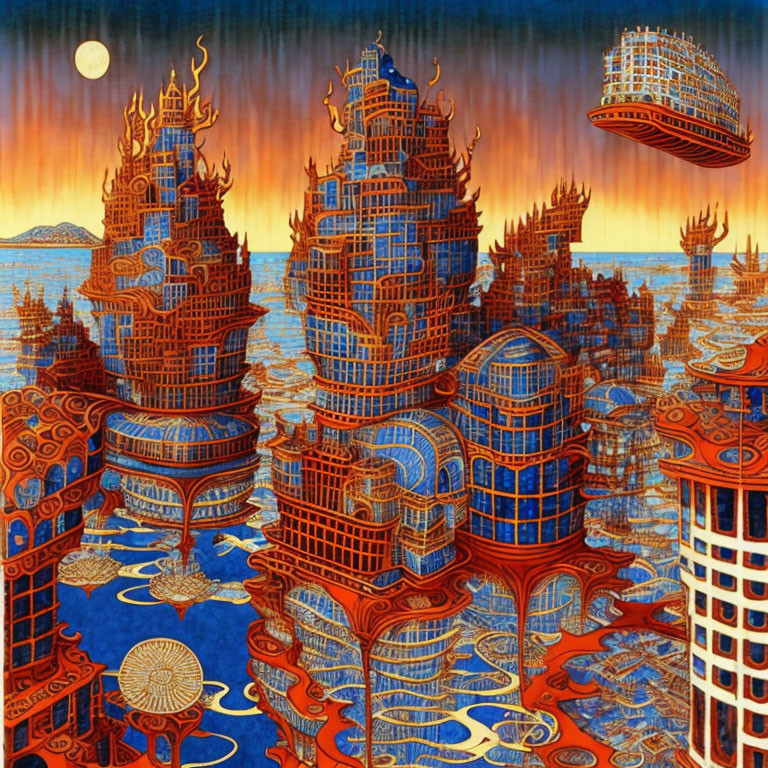 Intricate Red and Blue Towers in Floating City