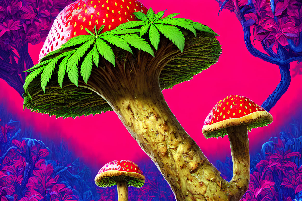 Colorful digital artwork: stylized mushrooms with strawberry-like caps and cannabis leaf gills on neon pink