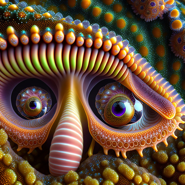 Colorful surreal digital artwork: Fantastical creature with detailed eyes and textured skin