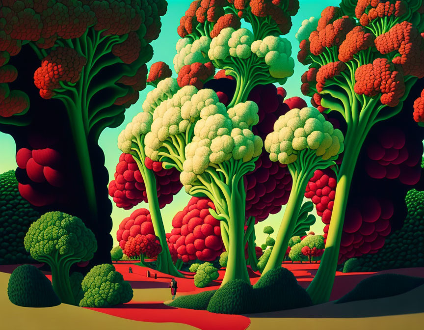 Surreal landscape with oversized broccoli trees and small figure walking on path