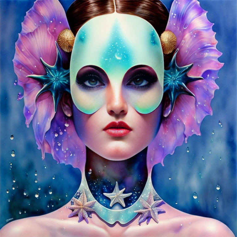 Cosmic-themed fantasy portrait with starry makeup and aquatic elements