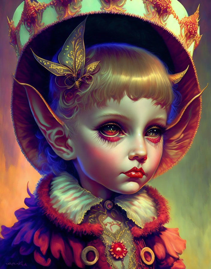 Fantasy portrait of a child with pointed ears, golden accessories, red eyes, decorated hat, and