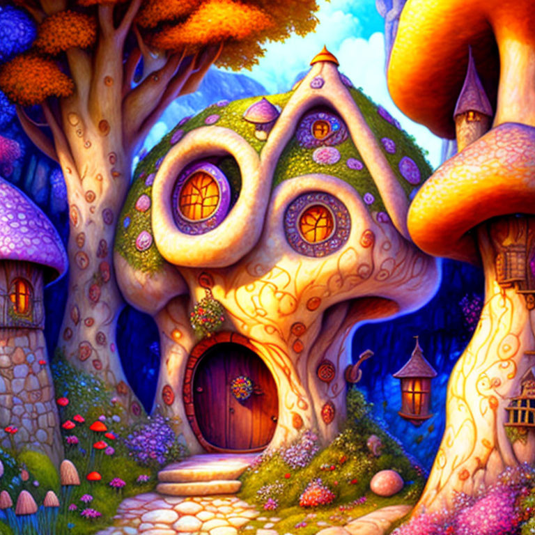 Colorful fantasy mushroom house in enchanted forest