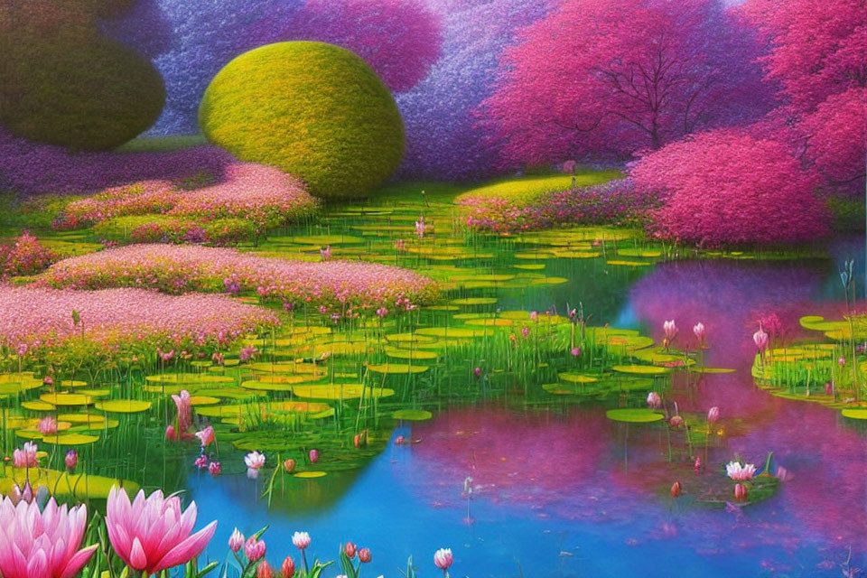 Colorful landscape with topiaries, pink blossoms, lily pads, and lotus flowers