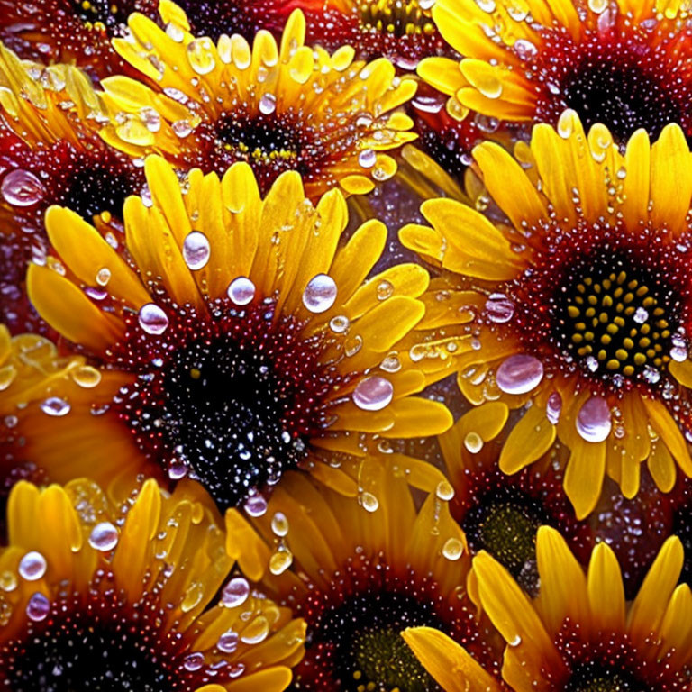 Vibrant yellow flowers with glistening water droplets.