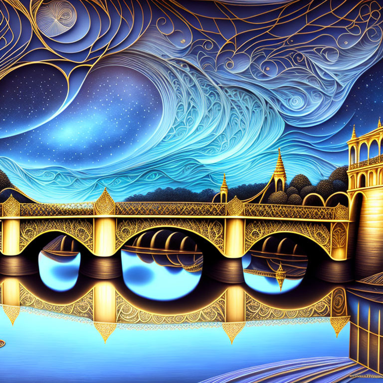 Ornate bridge with arches reflecting on water against swirling star-filled skies and gold and blue landscapes