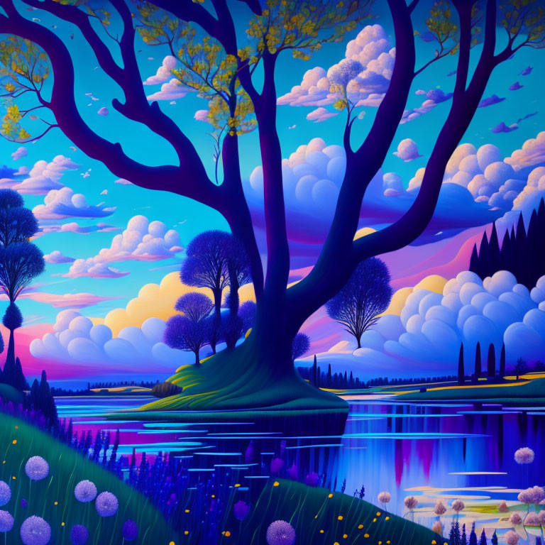 Colorful Stylized Landscape with Tree, Lake, and Twilight Sky