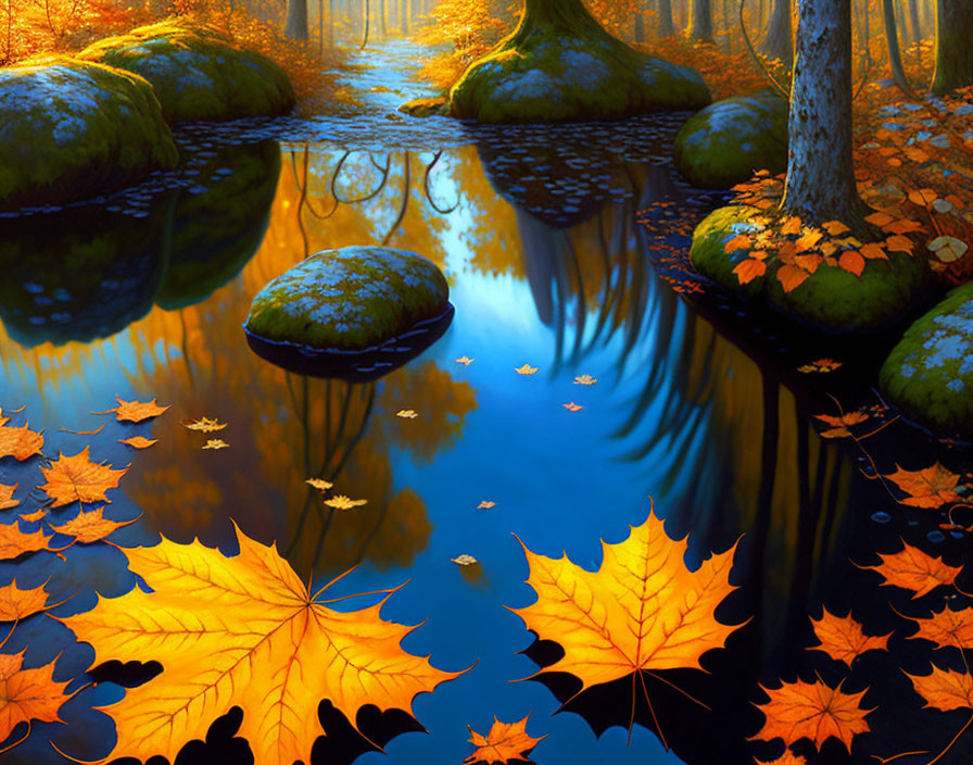 Tranquil autumn forest: vibrant orange leaves, blue river, moss-covered rocks.