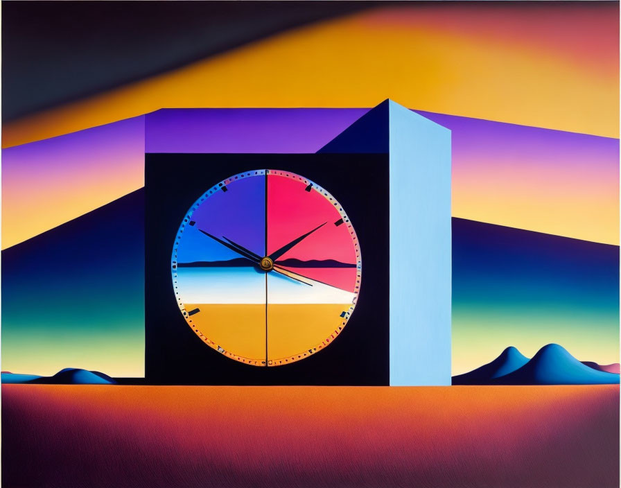 Surreal painting with block and clock against mountain backdrop