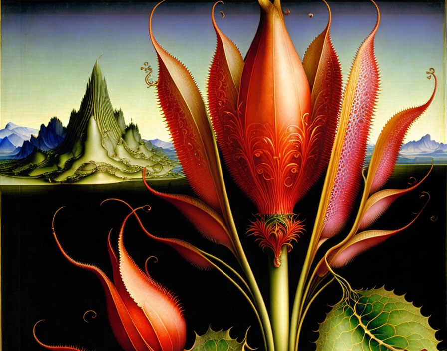 Vibrant red flower-like structure in surrealistic painting