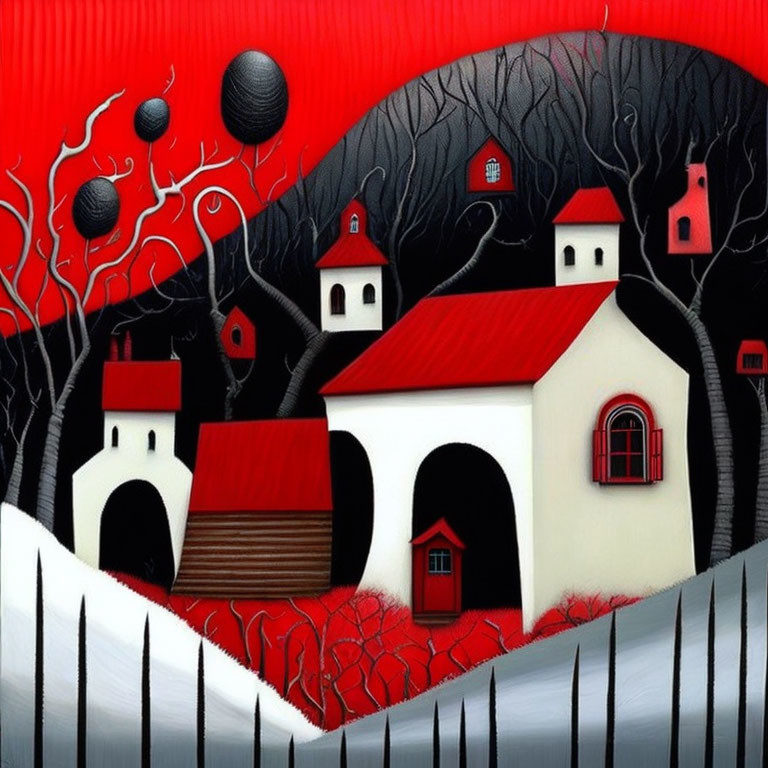 Surreal village scene with white buildings, red roofs, black trees, floating orbs, and pick