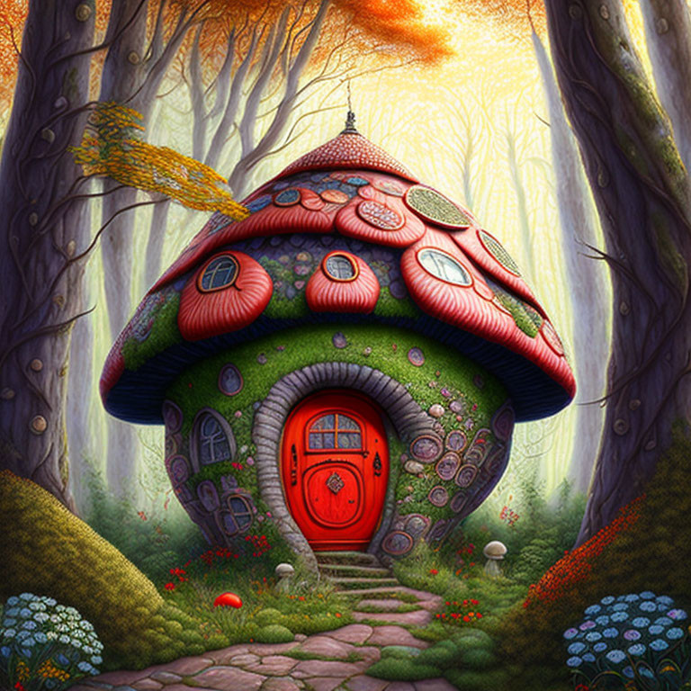 Whimsical mushroom house with vibrant red door in mystical forest