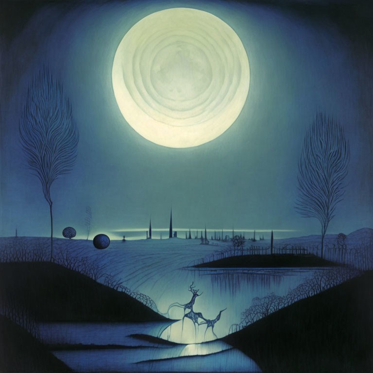 Stylized night scene with moon, trees, deer, lake, and city spires