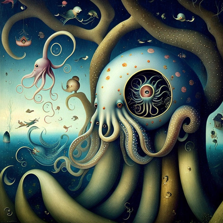 Surreal underwater artwork featuring octopus with intricate eye surrounded by marine creatures