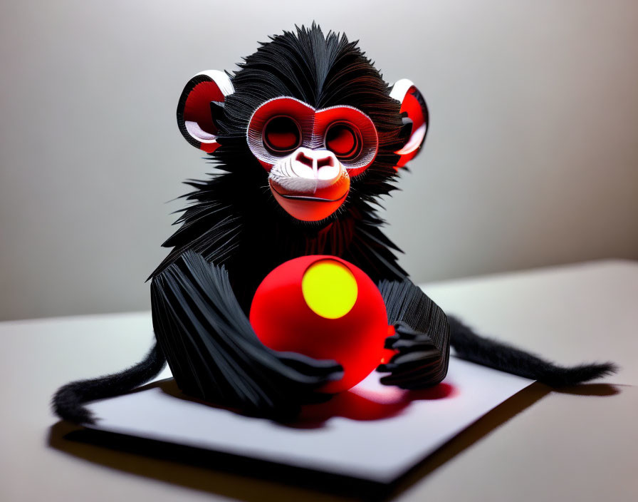 Colorful Papercraft Monkey Model with Red and White Features Holding Red Ball