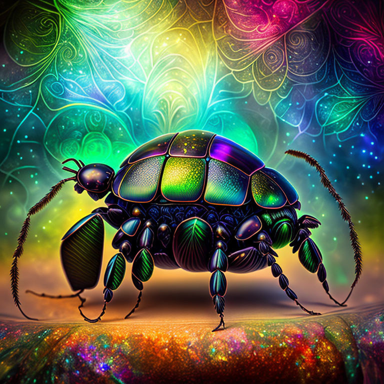 Colorful iridescent beetle on swirling psychedelic background in green, purple, and blue