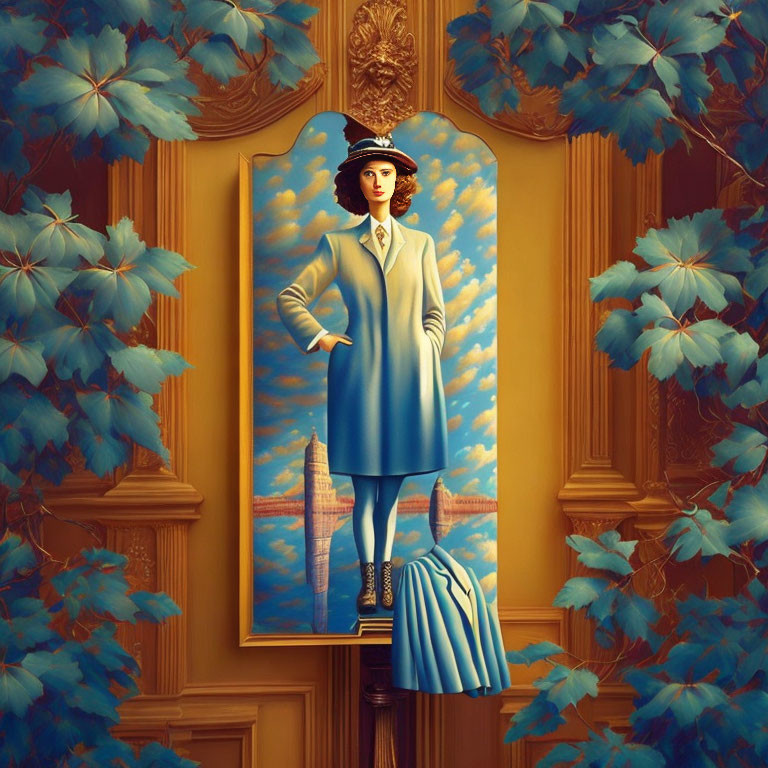 Surreal portrait: Woman in blue coat and hat framed by arch, surrounded by blue leaves on