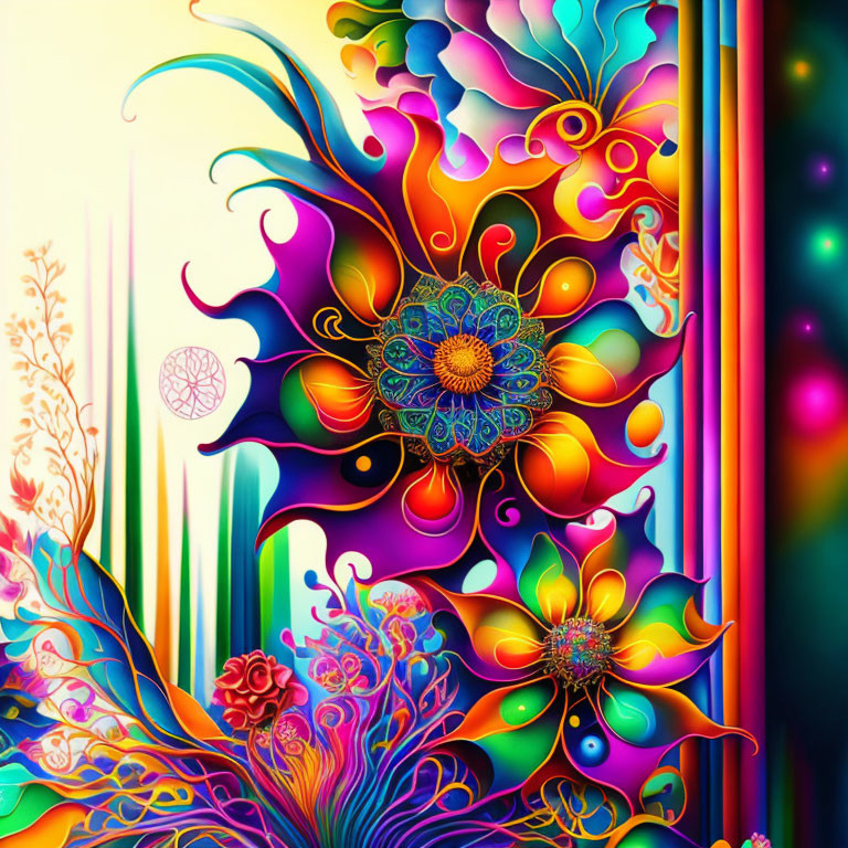 Colorful Psychedelic Artwork with Floral Patterns and Mandala Designs