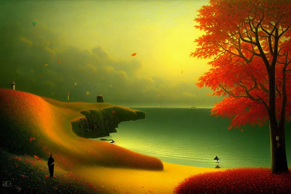 Tranquil autumn scene with red tree, person with dog, lighthouse, and sunset by the