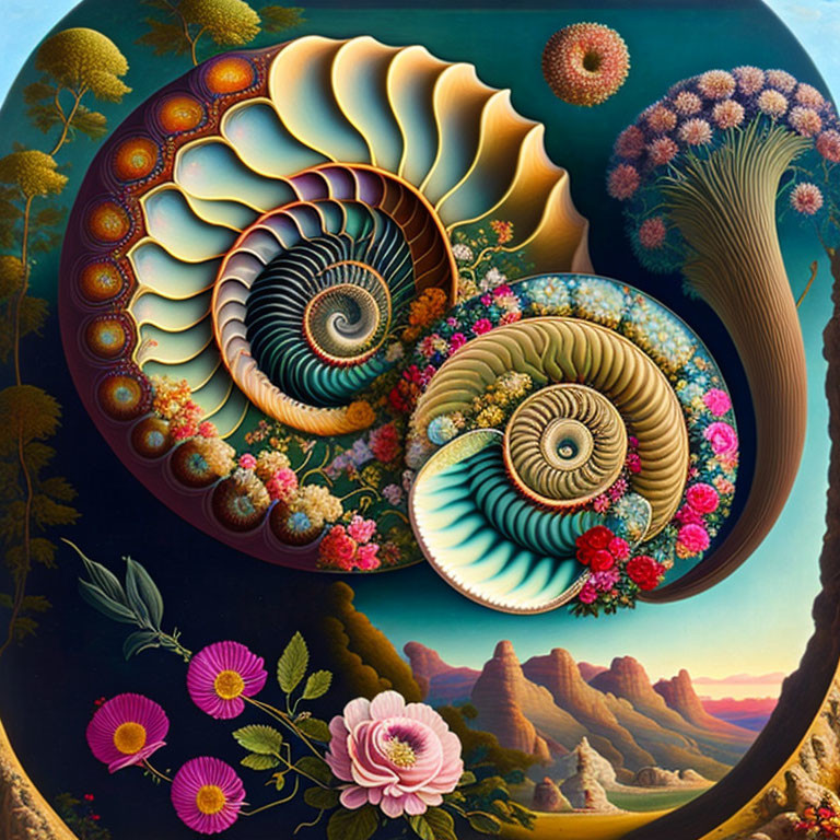 Surreal artwork with shells, flora, landscapes, and fractal elements