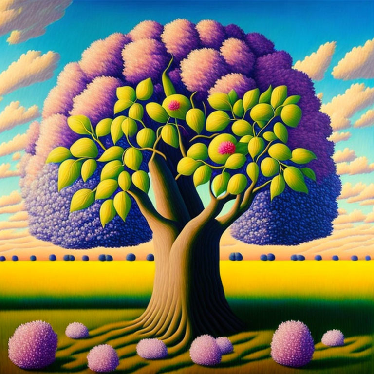 Vibrant lone tree painting with green leaves and pink fruits on purple clouds backdrop