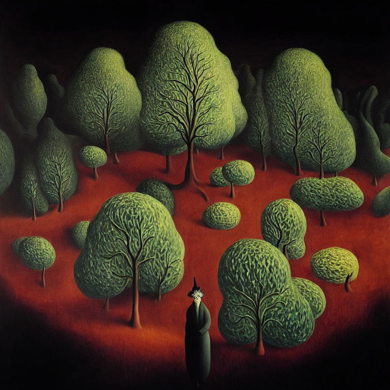 Surreal forest scene with stylized green trees and cloaked figure