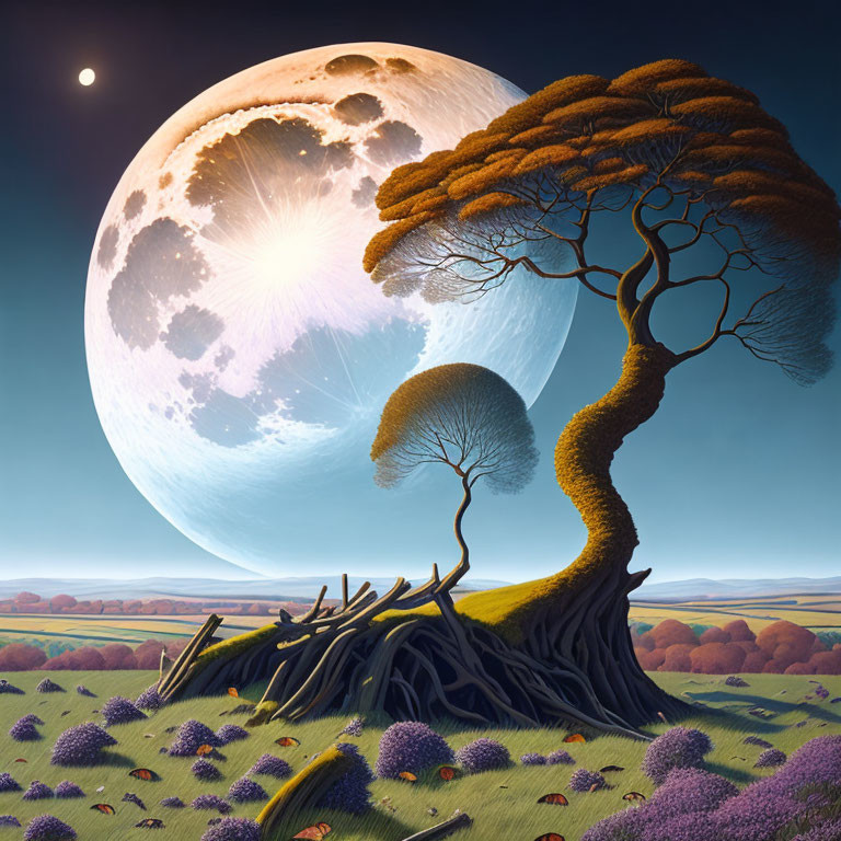 Surrealist landscape featuring oversized moon, twisted tree, twilight sky, and purple flora