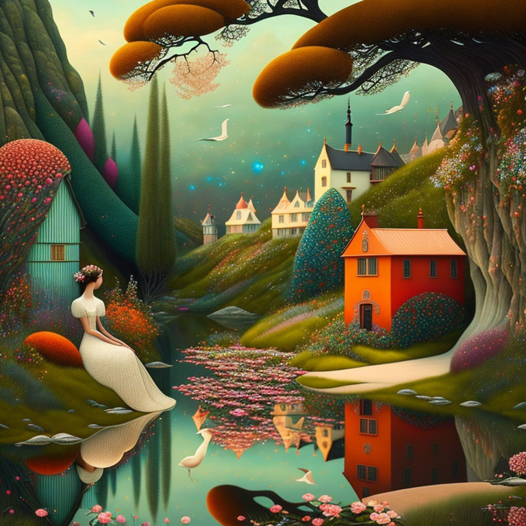 Colorful surreal landscape with woman in white dress and whimsical flora by serene river.