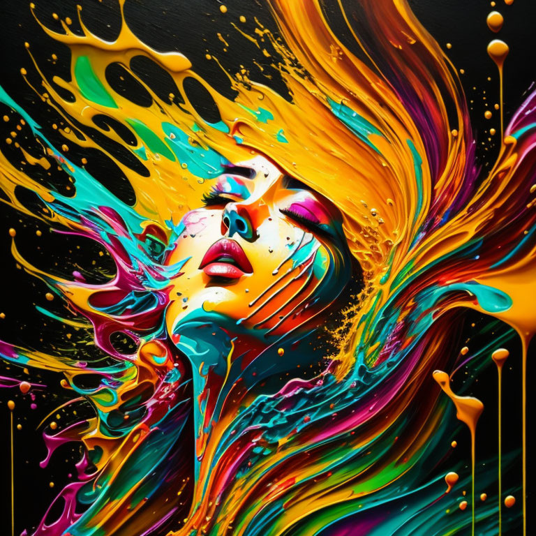 Colorful Abstract Art: Woman's Face Merging with Paint Splashes