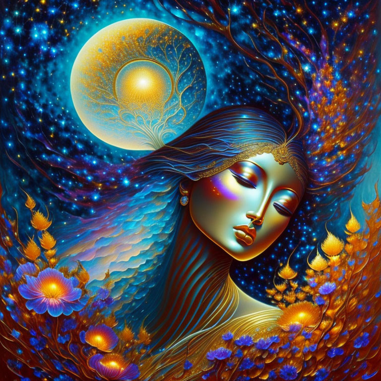 Vibrant artwork of woman with flowing hair, stars, moon, and flowers