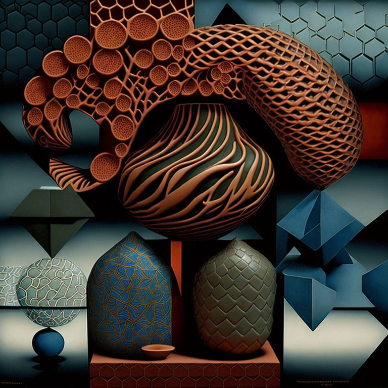 Geometric Shapes and Textured Patterns in Blue, Orange, and Brown Palette