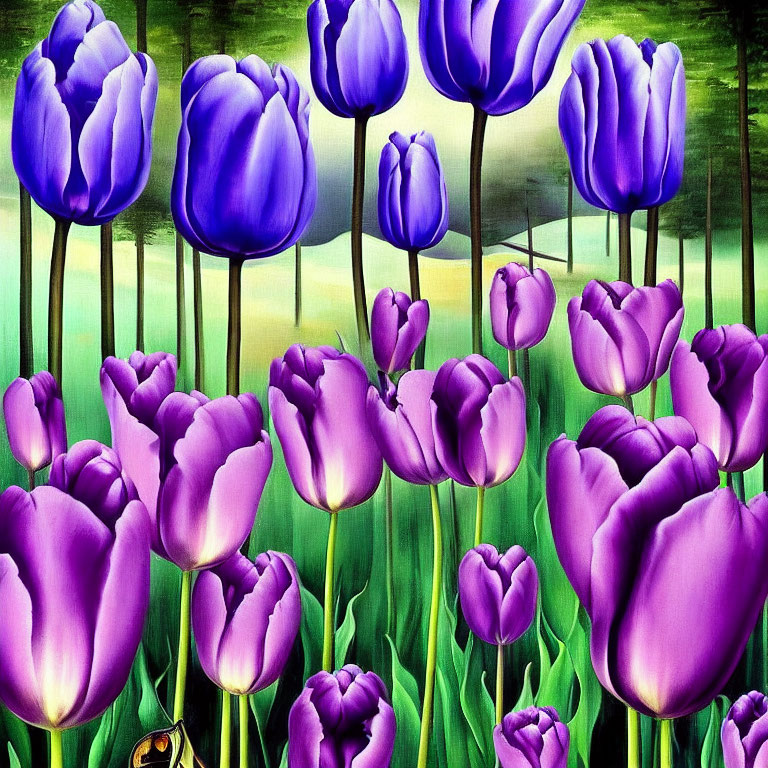 Colorful painting of purple tulips on green background