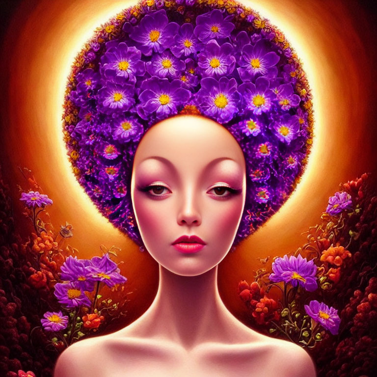 Stylized portrait of woman with intricate purple flowers, warm sunset colors in background