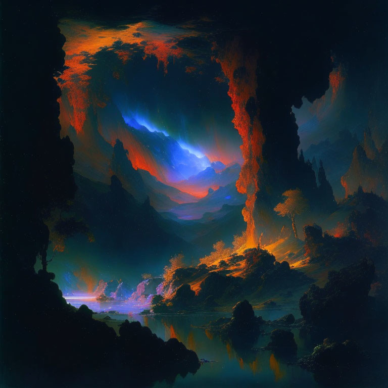 Dramatic landscape painting of erupting volcano at night