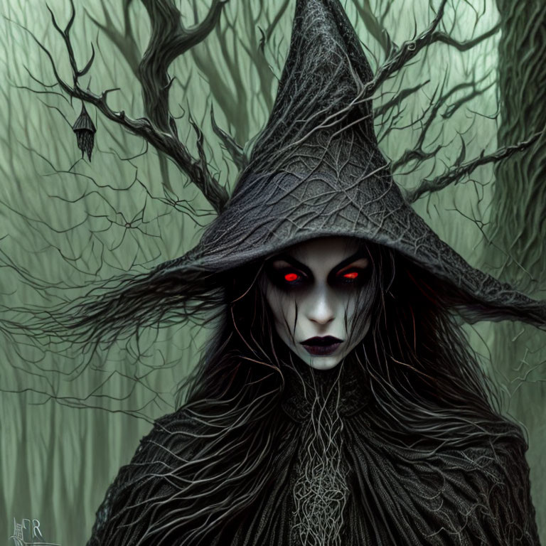 Sinister figure in dark cloak and pointed hat with red eyes among twisted trees.